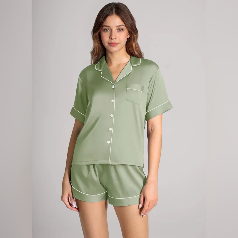 Azazie Satin Contrast Piping Pajama Set - Picture 3 of 5